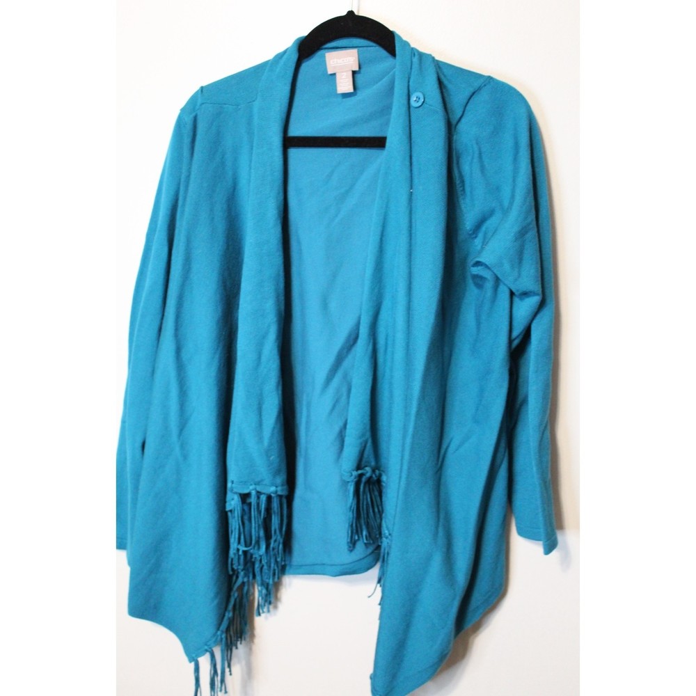 Chicos Open Fringe Turquoise Teal Cardigan Sweater Size 2